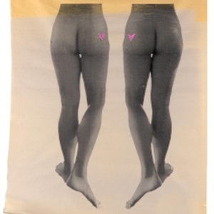May include: A print featuring two grayscale figures of legs and buttocks, each with a pink heart-shaped design. The figures are set against a light beige background with a yellow top section.