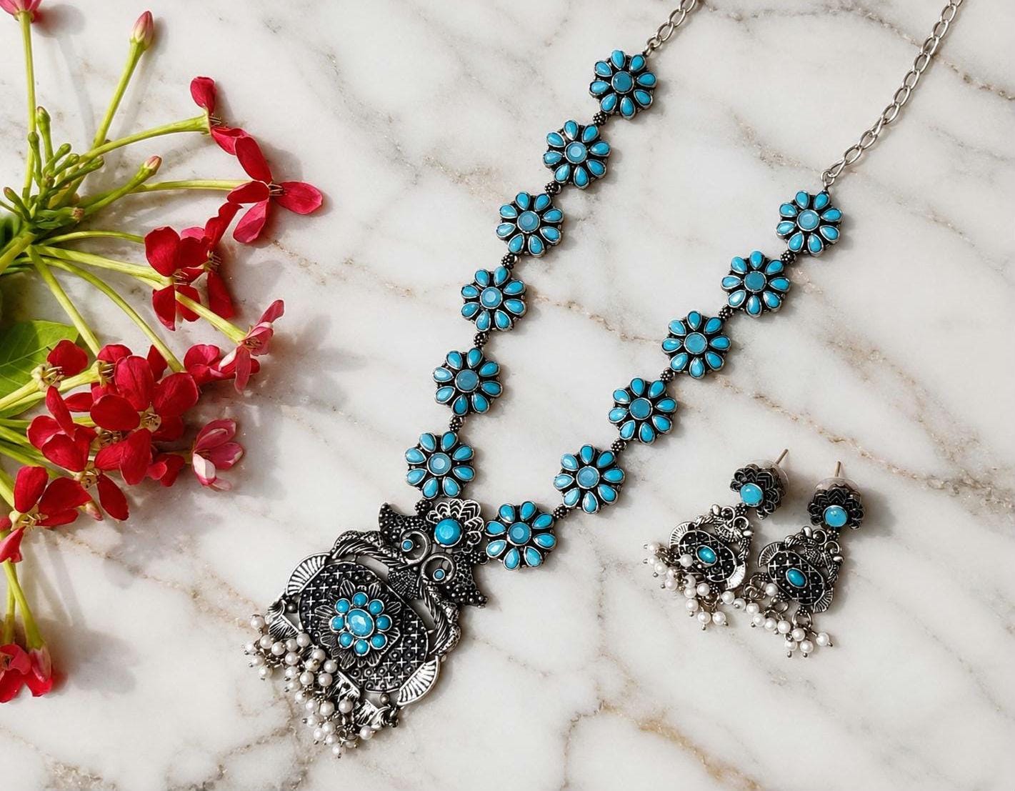 Oxidized Brass Necklace Set, Turquoise Floral Peacock Design, Pearl Drop Earrings (Boho Ethnic Jewelry)