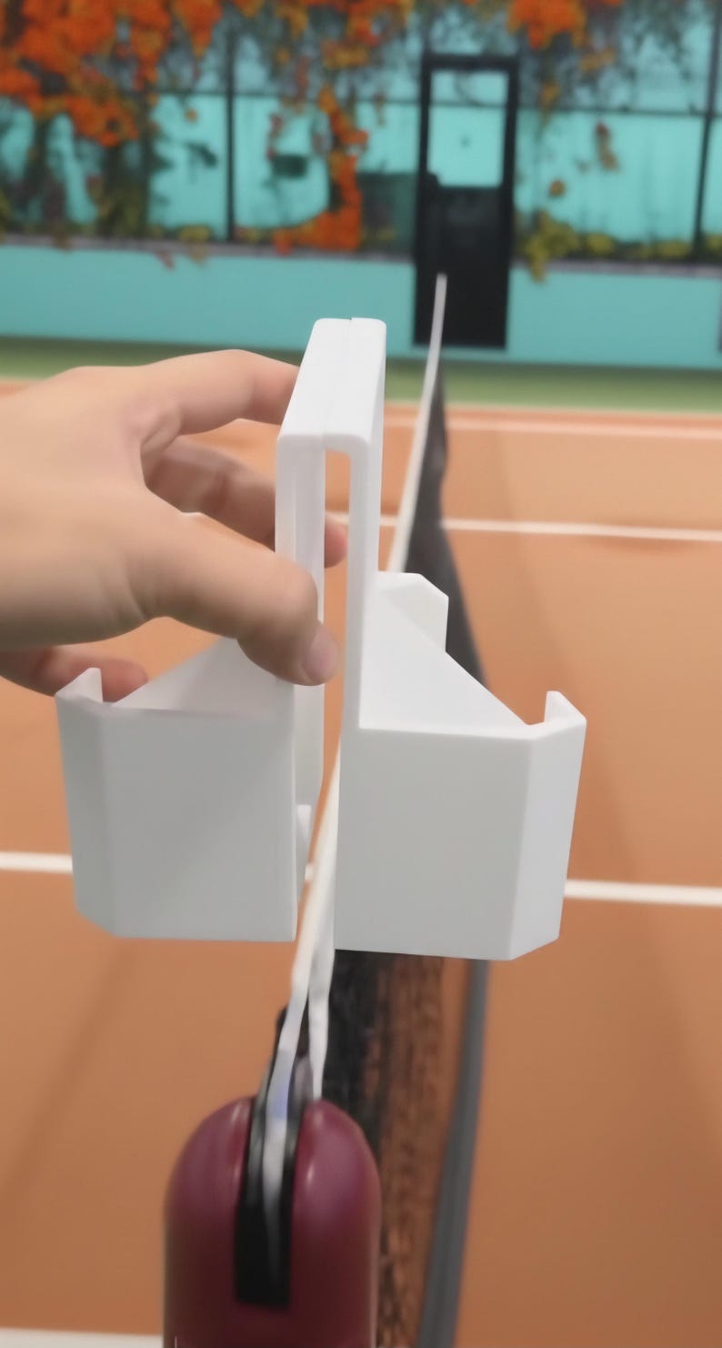 May include: A white plastic tennis net height gauge. The gauge is held in place by a hand and is positioned over a tennis net. The background shows a tennis court and foliage.