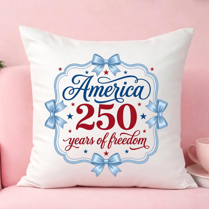 May include: A white square throw pillow featuring a decorative blue frame with four light blue bows. The center text reads America 250 years of freedom in blue and red script and block lettering, accented by small red and blue stars throughout.