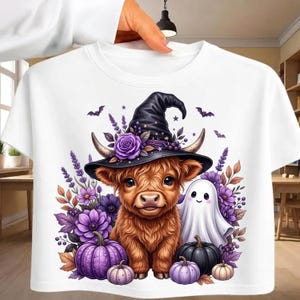 Highland Cow Halloween PNG, Purple Witch Cow Ghost Pumpkin Design,  Spooky Fall Cow Sublimation Design with Pumpkins Bows and Ghosts