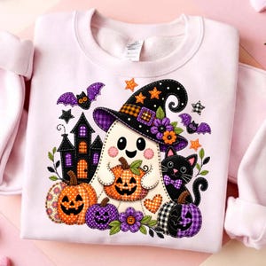 Halloween Patchwork PNG, Witch Ghost Cat Pumpkin PNG, Cute Halloween Sublimation Design, Spooky Fall Digital Download