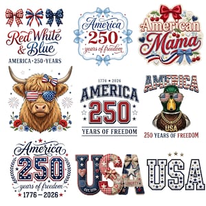 Op de afbeelding: Een verzameling patriottische digitale afbeeldingen met rood, wit en blauwe thema's. Ontwerpen bevatten teksten zoals Red White & Blue, America 250 Years of Freedom, American Mama en USA. Elementen zijn onder meer een hooglandrund, een eend, strikken en sterren.