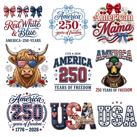 America 250 Years of Freedom PNG Bundle, Fourth of July PNG, Patriotic 1776-2026 Design, USA Bow Coquette png, 4th of july Sublimation