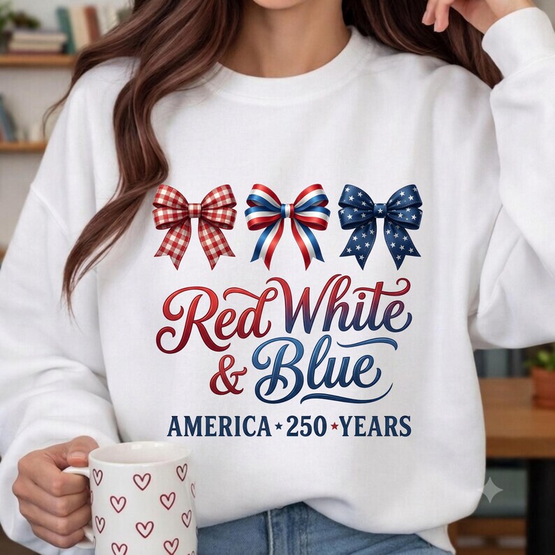 May include: A white long-sleeve sweatshirt featuring three decorative bows in red gingham, red-white-and-blue stripes, and blue with white stars. The text reads Red White & Blue AMERICA 250 YEARS in red and blue script and block lettering.