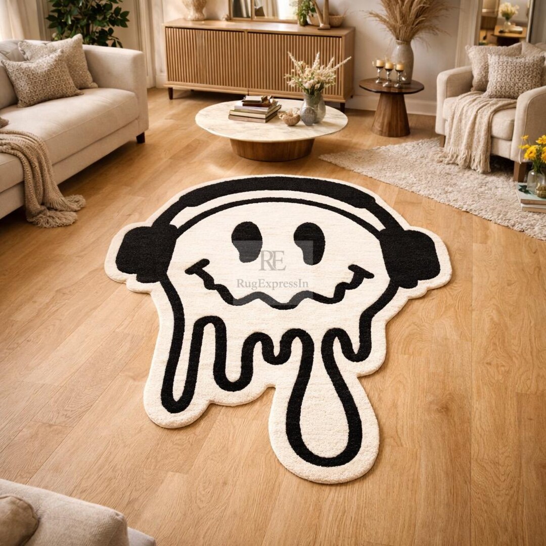 Drippy Face Rug Playful Dripping Smiley Rug, Modern Pop Art Wool Area Carpet - Etsy