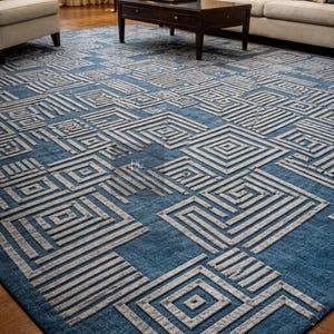 Puede incluir: Una alfombra rectangular grande con un diseño geométrico. La alfombra presenta un fondo azul oscuro con un diseño gris claro en relieve de cuadrados y líneas. Está colocada sobre un suelo de madera en un salón.