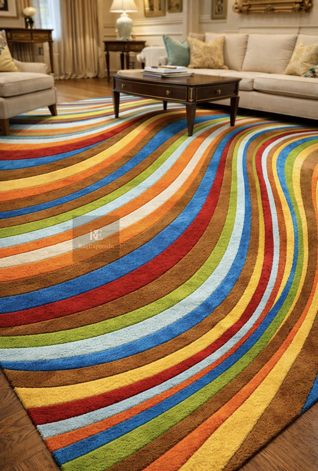 Rainbow Flow Curved Stripe Handtufted Wool Rug Featuring Vibrant ...