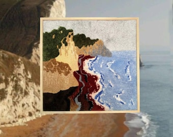 Coastal Abstract Textile Wall Hanging, Hand Tufted Fiber Artwork, Framed