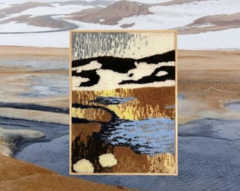 Abstract Landscape Fiber Wall Art, Punch Needle Tufted Textile, Blue Ochre Brown Framed Art