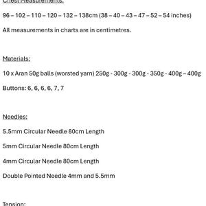 May include: A detailed list of knitting instructions, including chest measurements in inches and centimeters, yarn and button quantities, and needle sizes. The text also specifies the tension required for the project, with measurements in inches and centimeters.