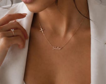Personalisierte Namenskette mit Kreuz, 925 Silber vergoldet, Geschenk für Taufe Damen