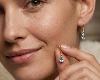 Birthstone Drop Earrings, 14K Gold Plated Sterling Silver, Personalized Gift for Her