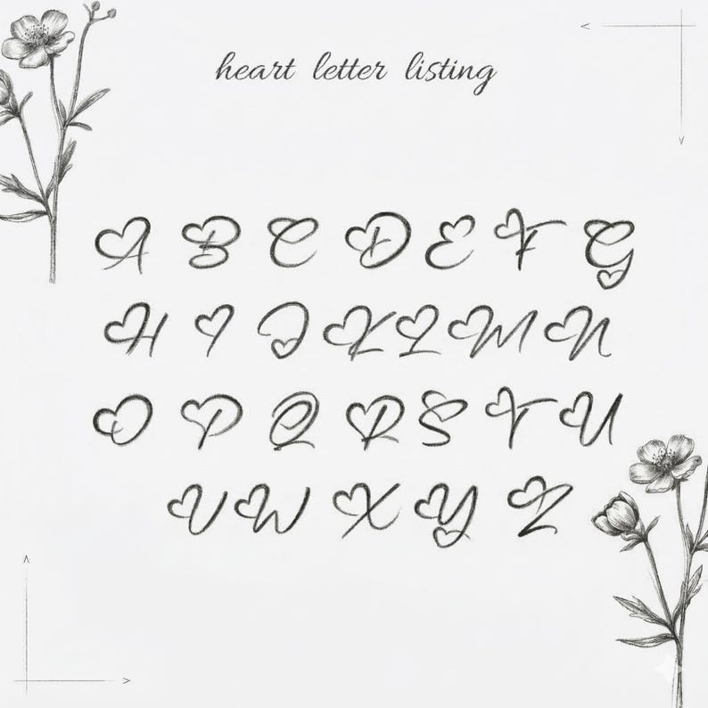 May include: A handwritten alphabet in a heart-shaped font, with each letter elegantly designed. The words "heart letter listing" are written above the alphabet. Delicate floral illustrations frame the text, creating a romantic and artistic aesthetic.
