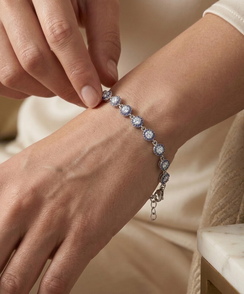 Pulsera de circonita azul con ojo turco, protección de plata de ley, delicada joya con dije de tenis imagen 4