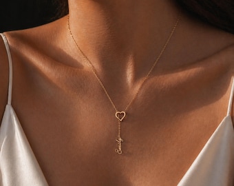 Personalized Heart Name Necklace, Gold Engraved Jewelry, Custom Birthstone Pendant