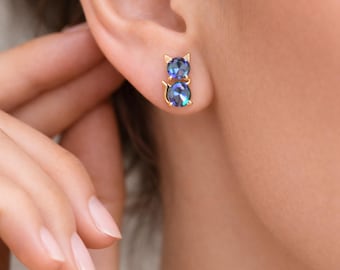 Gold Cat Birthstone Stud Earrings, Personalized Kitty Jewelry, 925 Sterling Silver