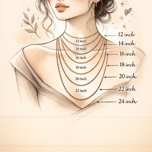 Puede incluir: Dibujo a l&aacute;piz de un cuello de mujer adornado con siete collares dorados de diferentes longitudes, de 30,5 cm a 61 cm. Las longitudes est&aacute;n etiquetadas en pulgadas, sirviendo de gu&iacute;a para el tama&ntilde;o de los collares.