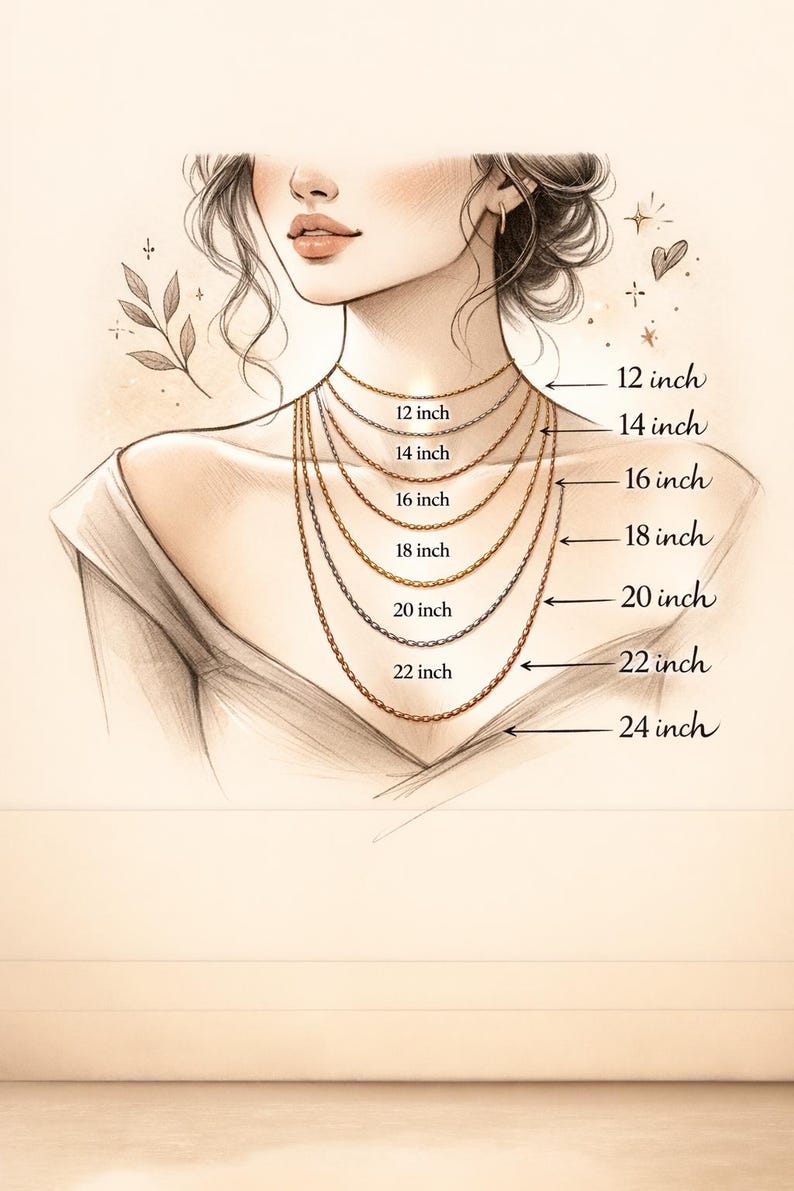 Puede incluir: Dibujo a l&aacute;piz de un cuello de mujer adornado con siete collares dorados de diferentes longitudes, de 30,5 cm a 61 cm. Las longitudes est&aacute;n etiquetadas en pulgadas, sirviendo de gu&iacute;a para el tama&ntilde;o de los collares.