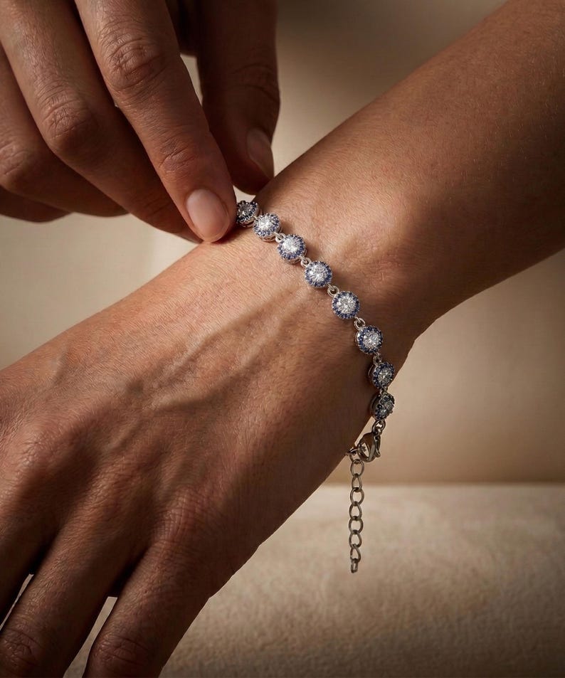 Pulsera de circonita azul con ojo turco, protección de plata de ley, delicada joya con dije de tenis imagen 2