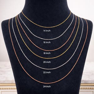 May include: A display of six delicate chain necklaces in gold, silver, and rose gold tones, each with a different length. The lengths are labeled: 14 inch, 16 inch, 18 inch, 20 inch, 22 inch, and 24 inch. The necklaces are displayed on a black mannequin.