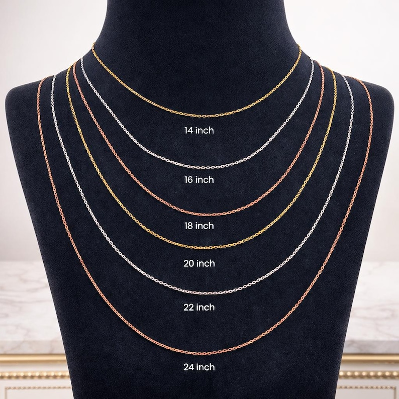 May include: A display of six delicate chain necklaces in gold, silver, and rose gold tones, each with a different length. The lengths are labeled: 14 inch, 16 inch, 18 inch, 20 inch, 22 inch, and 24 inch. The necklaces are displayed on a black mannequin.