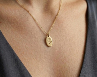 Oval Birth Flower Necklace, 925 Sterling Silver 14K Gold Vermeil Engraving