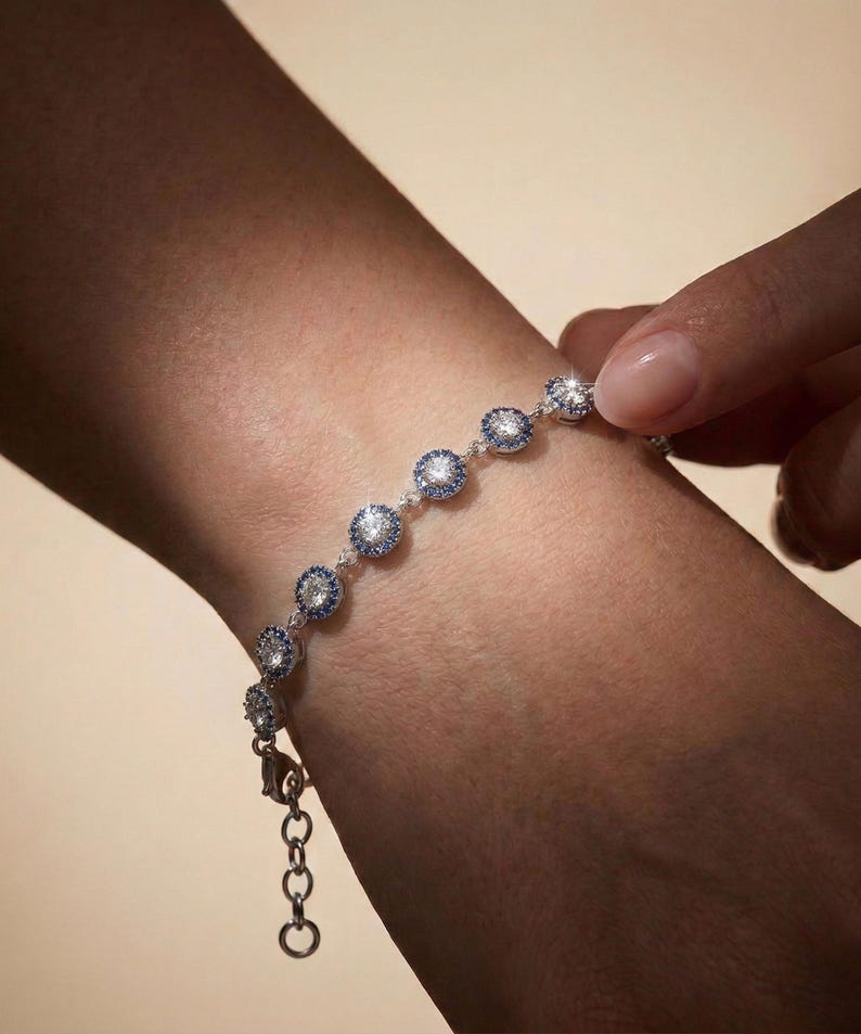 Pulsera de circonita azul con ojo turco, protección de plata de ley, delicada joya con dije de tenis imagen 3