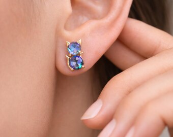 Personalized Gold Cat Birthstone Stud Earrings, Kitty Jewelry, 925 Sterling Silver
