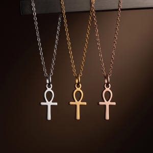 May include: Three Ankh pendant necklaces in silver, gold, and rose gold. Each necklace features a delicate chain and a stylized Ankh symbol, suspended against a dark brown background. The pendants are displayed hanging from a dark metal bar.