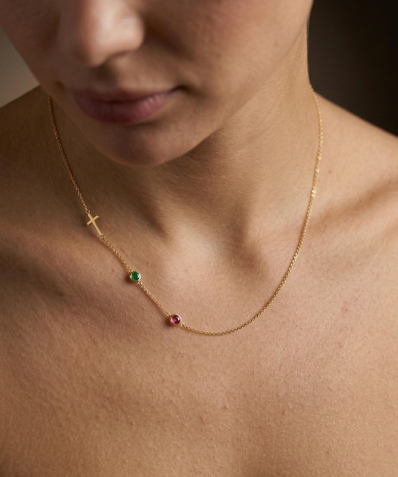 Kreuzkette mit Geburtsstein 925 Silber Gold Vermeil Seitliches Kreuz Taufe Konfirmation Geschenk