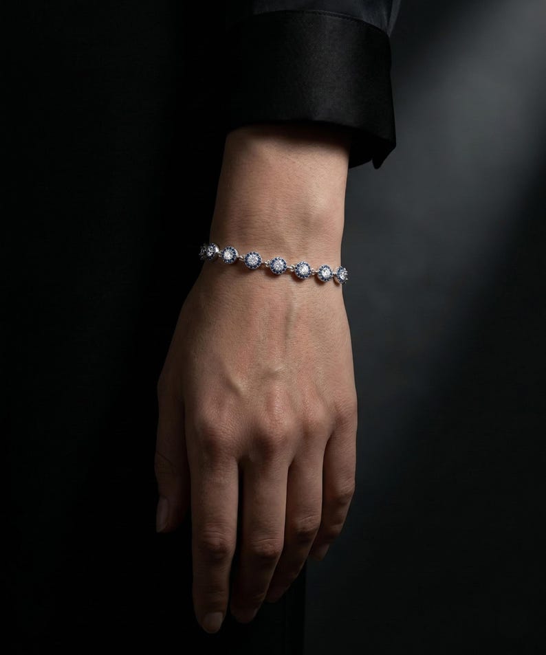 Pulsera de circonita azul con ojo turco, protección de plata de ley, delicada joya con dije de tenis imagen 8