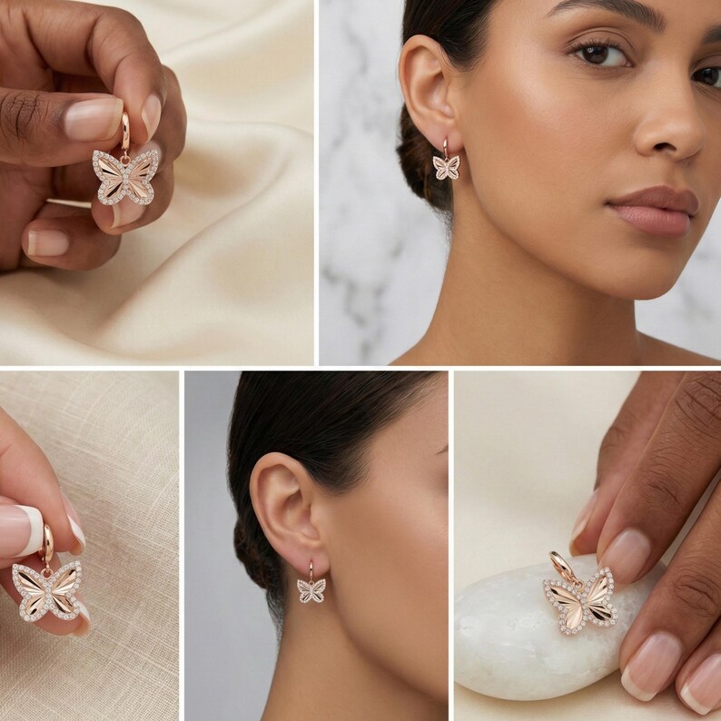 May include: Rose gold butterfly earrings with a pav&eacute; crystal design. The earrings are shown in multiple views, including on a person's ear and held in a hand. The butterfly design is detailed and delicate, with a sparkling appearance.