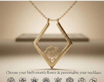 Pode incluir: Um colar de tom dourado com um pingente em forma de diamante e um design floral recortado. Abaixo do pingente, o texto diz: Choose your birth month flower & personalize your necklace. 12 months available – personalized just for you, com 16 ícones de flores.
