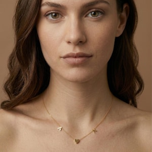 May include: A gold-toned necklace featuring a delicate chain with two capital letter charms, A and N, positioned on either side of a small, centered heart charm. The metal components have a polished finish and are spaced evenly along the chain.