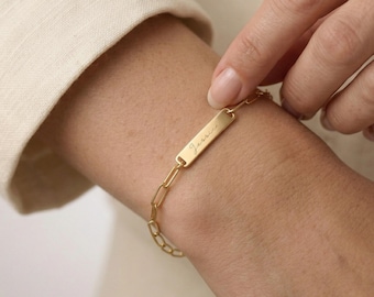 Pulseira personalizada com barra | Prata de lei 925 banhada a ouro 14K com nome e data gravados - Joia delicada