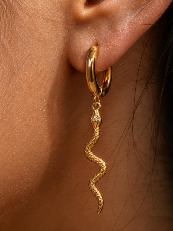 Gold Snake Huggie Hoop Earrings with CZ Crystal Eyes | Statement Dangle Jewelry