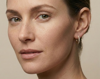 Sterling Silver Gold Pavé Huggie Earrings, Dainty Hoops, Minimalist Cartilage Jewelry