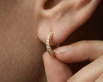 Gold Pavé Huggie Earrings, Sterling Silver Dainty Hoops, Minimalist Cartilage Jewelry