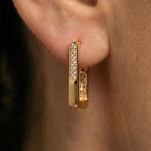 May include: Gold-toned rectangular hoop earrings with a row of small, clear gemstones set along one side. The earrings are worn on an ear, and the focus is on the jewelry's design and craftsmanship. The earrings have a polished finish.