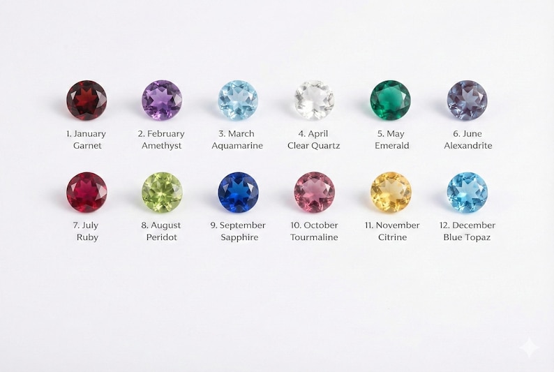 May include: Twelve colorful gemstones representing birthstones for each month of the year. The gemstones are arranged in two rows, with the name of the month and gemstone type below each stone. Includes Garnet, Amethyst, Aquamarine, Clear Quartz, Emerald, Alexandrite, Ruby, Peridot, Sapphire, Tourmaline, Citrine, and Blue Topaz.