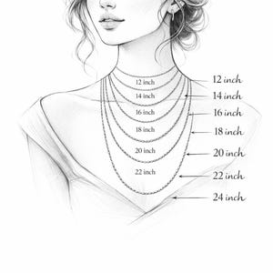 May include: Illustration of a woman's neck with several necklaces of varying lengths. The necklaces range from 12 inches to 24 inches, with labels indicating each length. The image is a pencil sketch, providing a visual guide for necklace sizing.