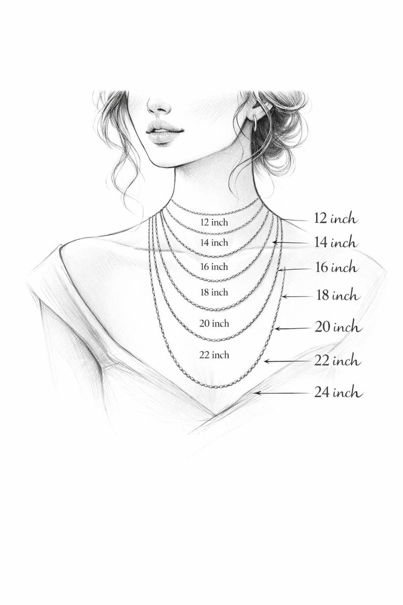 May include: Illustration of a woman's neck with several necklaces of varying lengths. The necklaces range from 12 inches to 24 inches, with labels indicating each length. The image is a pencil sketch, providing a visual guide for necklace sizing.