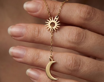 Celestial Sun Moon Necklace, 925 Sterling Silver or Gold Plated Pendant
