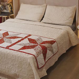 Red Star Patchwork Bed Runner 80x29 Inches Handmade Cotton Runner