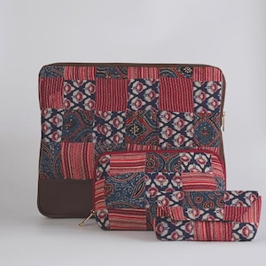 Handmade Crimson Indigo Ajrakh Patchwork Laptop Sleeve Set, Quilted Laptop Case with Utility Pouch & Eyeglass Case
