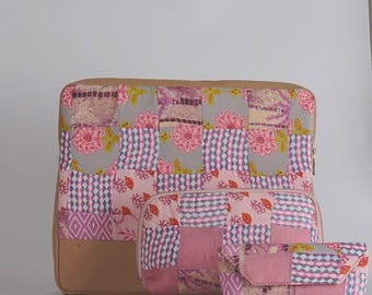 Handmade Pink Floral Patchwork Laptop Sleeve Set, Quilted Tech Organizer Trio, Laptop Case, Utility Pouch & Eyewear Case, Gift for Her