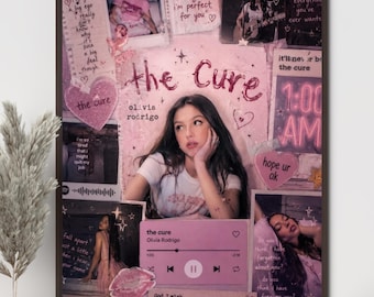May include: A pink-themed collage poster featuring Olivia Rodrigo with the text the Cure. The design includes multiple photos of the artist, handwritten-style lyrics, heart shapes, a music player interface, and neon-style text elements on a pink background.