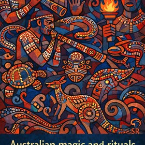 Może przedstawiać: Żywa cyfrowa ilustracja przedstawiająca australijską sztukę Aborygenów. Grafika przedstawia postacie grające na didgeridoo, kangura i inne symboliczne elementy w odcieniach pomarańczu, niebieskiego i brązu. Tekst na dole brzmi "Australian magic and rituals."