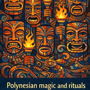 Può includere: Opera d'arte digitale con maschere polinesiane stilizzate nei toni arancione, blu e marrone. Alcune maschere tengono torce con fiamme. Il testo "Polynesian magic and rituals" è in basso.